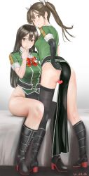 Rule 34 | 2girls, absurdres, ass, asymmetrical legwear, black footwear, black gloves, black hair, blush, boots, breasts, brown eyes, brown hair, censored, chikuma (kancolle), chikuma kai ni (kancolle), commentary request, dress, elbow gloves, from behind, full body, gloves, hair ribbon, hand on own ass, hand to own mouth, heart, heart censor, high heels, highres, kantai collection, knee boots, large breasts, long hair, looking at viewer, looking back, multiple girls, no panties, open mouth, ototoi koi, own hands together, pelvic curtain, ribbon, short sleeves, side slit, simple background, single elbow glove, single glove, single thighhigh, sitting, standing, thigh boots, thighhighs, tone (kancolle), tone kai ni (kancolle), twintails, uneven legwear, white ribbon