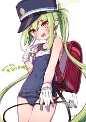 Rule 34 | 1girl, @ @, absurdres, afterimage, alternate costume, backpack, bag, bare arms, bare shoulders, blue archive, blush, clothing cutout, covered navel, cowboy shot, demon tail, gloves, green hair, green halo, halo, hand up, hat, nozomi (blue archive), highres, kimhiro, korean text, long hair, looking at viewer, randoseru, school swimsuit, shako cap, sidelocks, simple background, sweat, swimsuit, tail, tail through clothes, tail wagging, thighs, translation request, very long hair, white background, white gloves, yellow eyes