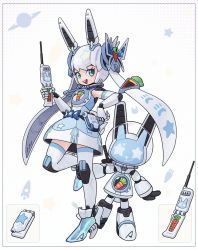 Rule 34 | 1girl, :d, android, animal ears, aqua eyes, carrot, cellphone, commentary, dress, english commentary, fake animal ears, full body, highres, joints, looking at viewer, lordyanyu, open mouth, original, phone, robot, robot joints, smile, standing, standing on one leg, star (symbol), star print, teeth, twintails, upper teeth only, white dress, white hair