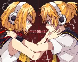 Rule 34 | 1boy, 1girl, angry, antichlorobenzene (vocaloid), ascot, asphyxiation, barcode, bare arms, bare shoulders, black sailor collar, blonde hair, blouse, chemical structure, clenched teeth, cross, facial mark, from side, green eyes, hair down, headphones, inverted cross, kagamine len, kagamine rin, kaho 0102, necktie, pale skin, paradichlorobenzene (vocaloid), profile, reaching, red background, sailor collar, shirt, short hair, short ponytail, short sleeves, sleeveless, sleeveless shirt, song name, strange dark (module), strangling, teeth, vocaloid, white shirt, yellow ascot, yellow necktie