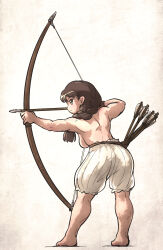 Rule 34 | 1girl, aiming, archery, arrow (projectile), bloomers, bow (weapon), breasts, brown hair, drawing bow, highres, holding, holding arrow, holding bow (weapon), holding weapon, ironlily, medium breasts, original, quiver, sideboob, solo, underwear, weapon, white bloomers