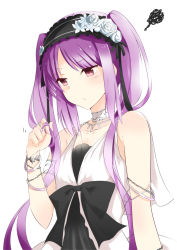Rule 34 | 1girl, armlet, bare shoulders, beads, black ribbon, blush, bow, bracelet, choker, dress, euryale (fate), euryale (third ascension) (fate), eyebrows, fate/grand order, fate/hollow ataraxia, fate (series), flower, fuu (fuore), hairband, headdress, highres, jewelry, lolita hairband, long hair, necklace, playing with own hair, purple eyes, purple hair, ribbon, ribbon trim, ring, solo, twintails, very long hair, white dress