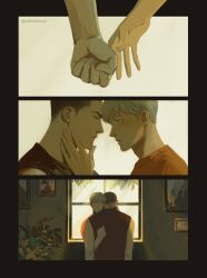 Rule 34 | 2boys, absurdres, adam parrish, back tattoo, black hair, black wristband, blonde hair, blue eyes, buzz cut, catbishonen, crying, eye contact, face-to-face, freckles, from side, highres, hug, indoors, looking at another, male focus, multiple boys, ronan lynch, short hair, streaming tears, tattoo, tears, the raven cycle, upper body, very short hair, yaoi
