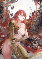 Rule 34 | 1girl, agaver123, amputee, breasts, bug, butterfly, completely nude, elden ring, highres, holding, holding sword, holding weapon, insect, long hair, malenia blade of miquella, malenia goddess of rot, medium breasts, navel, nude, prosthesis, prosthetic arm, prosthetic leg, red hair, solo, sword, very long hair, weapon, wings