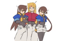 Rule 34 | 1girl, 2boys, aile (mega man zx), arms behind back, black bodysuit, blonde hair, blue eyes, blue jacket, bodysuit, brown hair, cowboy shot, cropped jacket, crossed arms, facial mark, forehead mark, girouette (mega man), glasses, green eyes, highres, jacket, long hair, looking at another, mayutsuba mono, mega man (series), mega man zx, mega man zx advent, multiple boys, open clothes, open jacket, pants, ponytail, red jacket, robot ears, shorts, simple background, sketch, vent (mega man), white background, white pants, white shorts