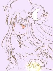 Rule 34 | 1girl, bad id, bad pixiv id, capelet, crescent, crescent hair ornament, crescent moon, female focus, hair ornament, hair ribbon, hat, long hair, mob cap, moon, patchouli knowledge, purple theme, red eyes, ribbon, simple background, solo, touhou, yjy