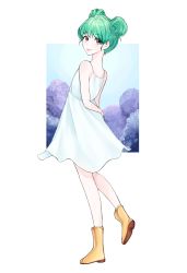 Rule 34 | 1girl, absurdres, animal crossing, back, boots, brown eyes, double bun, dress, flower, green hair, hair bun, highres, humanization, hydrangea, leaf, lily (animal crossing), nintendo, personification, rubber boots, sleeveless, sleeveless dress, solo, white background, yuriainthe