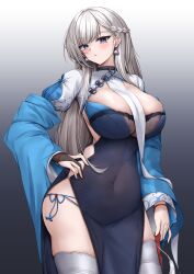 Rule 34 | 1girl, absurdres, azur lane, belfast (azur lane), belfast (iridescent rosa) (azur lane), blue eyes, blush, braid, breasts, china dress, chinese clothes, covered navel, dress, earrings, floral print, gradient background, hand on own hip, highres, jewelry, large breasts, long hair, long sleeves, looking at viewer, official alternate costume, parted lips, pelvic curtain, simple background, solo, thighhighs, ueyama 0clock, white hair, white thighhighs