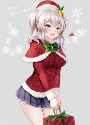 Rule 34 | 10s, 1girl, :d, alternate costume, alternate headwear, asle, bell, box, breasts, cape, christmas, cowboy shot, fur-trimmed sleeves, fur trim, gift, gift box, grey background, hair bell, hair ornament, hat, heart, holly, kantai collection, kashima (kancolle), legs together, long sleeves, looking at viewer, medium breasts, miniskirt, mistletoe, open mouth, pleated skirt, red hat, red sweater, round teeth, santa hat, shiny skin, silver hair, simple background, skirt, smile, solo, standing, sweater, teeth, tsurime, wavy hair