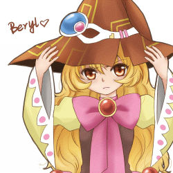 Rule 34 | 1girl, beryl benito, blonde hair, blush, brown eyes, hat, heart, long hair, lowres, ribbon, tales of (series), tales of hearts, wide sleeves, witch hat