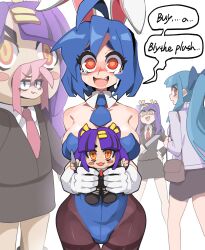 Rule 34 | 4girls, :d, @ @, absurdres, ahoge, bag, black skirt, black suit, blue bow, blue hair, blue leotard, blue necktie, blythe (hcnone), bongfill, borrowed character, bow, breasts, collared shirt, commentary, crying, crying with eyes open, detached collar, endless monday: dreams and deadlines, english commentary, english text, formal, gloves, grin, hair bow, hana (hcnone), handbag, highres, holding, large breasts, leotard, looking at viewer, mascot costume, multiple girls, necktie, open mouth, orange eyes, pantyhose, pencil skirt, penny (hcnone), pink hair, playboy bunny, ponytail, purple hair, red eyes, red necktie, shirt, short necktie, simple background, skirt, skye (hcnone), smile, solo focus, speech bubble, strapless, strapless leotard, stuffed toy, suit, sweater, tears, twintails, white background, white gloves, white sweater