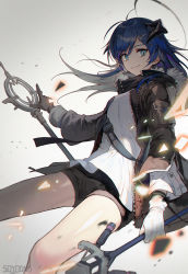Rule 34 | 1girl, ahoge, aqua eyes, arknights, artist name, asymmetrical bangs, bare legs, black jacket, black shorts, blue hair, breasts, closed mouth, commentary, cowboy shot, demon horns, dual wielding, fur-trimmed jacket, fur trim, gloves, hair between eyes, halo, holding, holding staff, horns, jacket, light particles, long hair, long sleeves, looking at viewer, medium breasts, mostima (arknights), open clothes, open jacket, parted bangs, shirt, short shorts, shorts, simple background, smile, solo, soyoong jun, staff, strap, thighs, white background, white gloves, white shirt