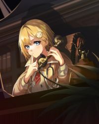 Rule 34 | 1girl, absurdres, antique phone, blonde hair, blue eyes, capelet, chair, chata art 008, cloak, eyebrows hidden by hair, finger to mouth, hair ornament, highres, hololive, hololive english, huge filesize, necktie, parted lips, phone, rotary phone, shadow, shushing, sitting, stethoscope, teeth, virtual youtuber, watson amelia