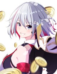 Rule 34 | 1girl, blue eyes, breasts, coin, commentary, detached sleeves, grey hair, grin, highres, honkai: star rail, honkai (series), large breasts, lax (laxylaxx), looking at viewer, multicolored hair, numby (honkai: star rail), red hair, short hair, simple background, sleeveless, smile, streaked hair, topaz (honkai: star rail), trotter (honkai: star rail), upper body, white background