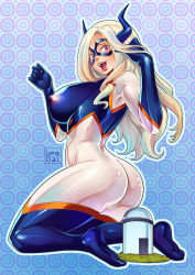 Rule 34 | 1girl, adjusting hair, armpits, ass, blonde hair, blue gloves, blush, bodysuit, boku no hero academia, breasts, domino mask, feet, female focus, from side, full body, giant, giantess, gloves, groin, hands up, highres, horns, kneeling, large breasts, legs, lenadai, long hair, looking back, mask, mount lady, nipples, nose blush, observatory, open mouth, red eyes, see-through, simple background, solo, thighs, tongue, tongue out, transformation
