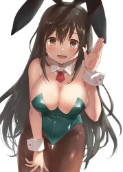 Rule 34 | 1girl, animal ears, black hair, blush, breasts, brown eyes, brown pantyhose, chikuma (kancolle), cleavage, collarbone, commentary, cowboy shot, detached sleeves, fake animal ears, green leotard, hair between eyes, kantai collection, large breasts, leotard, long hair, looking at viewer, open mouth, pantyhose, playboy bunny, rabbit ears, simple background, smile, solo, toka (marchlizard), white background, wrist cuffs