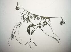 Rule 34 | 1other, androgynous, bell, closed mouth, cocopalm, expressionless, greyscale, hair between eyes, hand on animal, hat bell, high contrast, highres, kesa kujiru, len&#039;en, marker (medium), monochrome, other focus, short hair, simple background, slug, solo, traditional media, white background