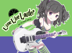 Rule 34 | 1girl, :q, black hair, breasts, cleavage, electric guitar, guitar, instrument, original, purple eyes, solo, striped clothes, striped thighhighs, thighhighs, tiv, tongue, tongue out