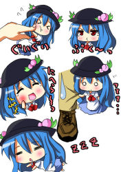 Rule 34 | 1girl, blue hair, blush, bow, chibi, comic, dress, female focus, food, fruit, hat, hinanawi tenshi, open mouth, peach, poking, pout, red eyes, saliva, shoes, solo, sweatdrop, tears, touhou, translation request, white background