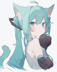 Rule 34 | 1girl, ahoge, animal ear fluff, animal ears, animal hands, aqua eyes, aqua hair, bare shoulders, blush, cat ears, cat tail, closed mouth, commentary, detached sleeves, gloves, grey shirt, hair tie, hatsune miku, highres, kemonomimi mode, looking at viewer, looking to the side, otintin, paw gloves, profile, shirt, simple background, sleeveless, sleeveless shirt, solo, sweat, tail, twintails, upper body, vocaloid, white background