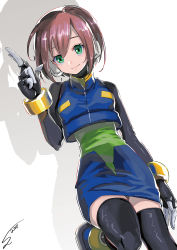 Rule 34 | 1girl, aile (mega man zx), alternate costume, black thighhighs, bracelet, breasts, brown hair, dated, green eyes, head tilt, highres, jewelry, mega man (series), mega man zero (series), mega man zx, robot ears, short hair, signature, simple background, skirt, small breasts, smile, solo, sumomo, thighhighs, white background, zettai ryouiki