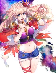 Rule 34 | 1girl, belt, blonde hair, blue eyes, breasts, choker, cleavage, crop top, earrings, eyelashes, flower, groin, hair flower, hair ornament, jewelry, long hair, macross, macross frontier, macross frontier: itsuwari no utahime, medium breasts, microphone, midriff, mu kougai, navel, open mouth, outline, red lips, round teeth, sheryl nome, short shorts, shorts, smile, solo, sparkle, teeth, tongue, twitter username, wrist cuffs