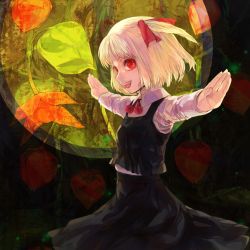 Rule 34 | 1girl, blonde hair, chinese lantern (plant), embodiment of scarlet devil, female focus, hair ribbon, highres, necktie, outstretched arms, red eyes, ribbon, rumia, short hair, solo, spread arms, touhou, xero
