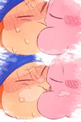 Rule 34 | 1boy, 1other, bandana, bandana waddle dee, blue headwear, blush, blush stickers, colored skin, drooling, closed eyes, facing another, french kiss, full-face blush, hands on another&#039;s face, heavy breathing, kirby, kirby (series), kiss, lips, multiple views, nintendo, no humans, pervoborb, saliva, sexually suggestive, simple background, steam, sweat, tongue, white background