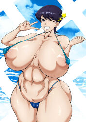 Rule 34 | 1girl, abs, absurdres, bikini, breasts, covered erect nipples, curvy, female focus, highres, huge breasts, impossible clothes, komi-san wa komyushou desu, komi shuuko, large areolae, looking at viewer, matching hair/eyes, mature female, mojihe, nipple suspension bikini, one eye closed, short hair, solo, swimsuit, thick thighs, thighs, v, wide hips, wink
