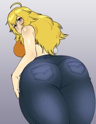 Rule 34 | 1girl, ahoge, amputee, ass, bandages, bare shoulders, breasts, denim, dynamo heart, from behind, grey background, highres, huge ass, jeans, large breasts, long hair, looking at viewer, looking back, midriff, pants, purple eyes, rwby, sideboob, solo, tank top, thick thighs, thighs, wide hips, yang xiao long