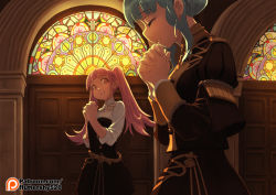 Rule 34 | 2girls, belt, closed eyes, female focus, fire emblem, fire emblem: three houses, from side, garreg mach monastery uniform, green little, own hands clasped, hilda valentine goneril, long hair, long sleeves, marianne von edmund, matching hair/eyes, multiple girls, nintendo, open mouth, own hands together, patreon username, pink eyes, pink hair, stained glass, twintails, uniform, watermark, web address