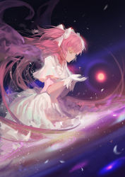 Rule 34 | 10s, 1girl, alphonse (white datura), alternate costume, alternate hairstyle, dress, feathers, gloves, kaname madoka, long hair, magic circle, mahou shoujo madoka magica, mahou shoujo madoka magica (anime), pink hair, short twintails, solo, space, spoilers, sun, twintails, two side up, ultimate madoka, white dress, white gloves, wings, yellow eyes