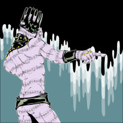 Rule 34 | 1boy, ass, back, clenched teeth, covering face, cowboy shot, detached collar, full-body tattoo, green eyes, jojo no kimyou na bouken, male focus, mask, multicolored background, pointing, profile, shiemasu, shoulder blades, solo, spikes, stand (jojo), standing, stone ocean, tattoo, teeth, whitesnake (stand), wristband