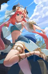 Rule 34 | 1girl, absurdres, aqua eyes, bare shoulders, blue sky, blush, breasts, brooch, circlet, cloud, commentary request, dancer, day, detached sleeves, floating hair, foot out of frame, genshin impact, ginlear, gladiator sandals, grin, harem outfit, highres, horns, jewelry, leg up, long sleeves, looking at viewer, low twintails, nail polish, navel, neck ring, nilou (genshin impact), outdoors, outstretched hand, parted bangs, puffy long sleeves, puffy sleeves, red hair, sandals, skirt, sky, small breasts, smile, solo, standing, standing on one leg, stomach, tareme, teeth, thighlet, thighs, toenail polish, toenails, twintails, vambraces, veil