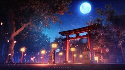 Rule 34 | banner, building, cherry blossoms, commentary request, forest, hachio81, highres, lantern, leaf, moon, nature, night, night sky, no humans, original, railing, scenery, shrine, sky, star (sky), starry sky, torii, tree, watermark