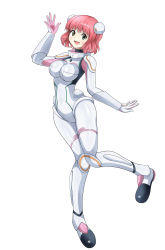 Rule 34 | 1girl, absurdres, aries spring, bad id, bad pixiv id, blush, bodysuit, breasts, full body, green eyes, heterochromia, highres, kanata no astra, looking at viewer, open mouth, pink hair, short hair, shoukin500, skin tight, smile, solo, spacesuit, white background, yellow eyes