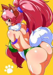 Rule 34 | 1girl, absurdres, animal ears, armlet, ass, bare back, bare shoulders, breasts, cat ears, fang, highres, huge ass, large breasts, leaning, leaning forward, leotard, long hair, looking at viewer, looking back, paw print, perisie (star ocean), pink hair, ponytail, red eyes, ryoi, shiny clothes, shiny skin, sideboob, simple background, smile, solo, star ocean, star ocean first departure, thighs, thong leotard, very long hair, yellow background