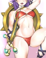 Rule 34 | 1girl, absurdres, arm behind head, arm up, armpit peek, artist request, athena (series), bikini, bra, breasts, cameltoe, cleavage, highres, large breasts, leg lift, legs, long hair, love handles, navel, open clothes, princess, princess athena, purple hair, red bikini, ribs, sandals, shield, skindentation, smile, snk, solo, swimsuit, sword, thick thighs, thighs, toned, underwear, weapon