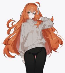Rule 34 | 1girl, ahoge, arm up, black pants, blush, bow, brown sweater, closed mouth, cosplay, faust (project moon), faust (project moon) (cosplay), green eyes, hair bow, ishmael (project moon), limbus company, long hair, long sleeves, orange hair, pants, project moon, solo, sweater, very long hair, vvernerluniq, white bow