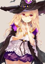 Rule 34 | 1girl, absurdres, bare shoulders, black hat, black ribbon, blonde hair, blush, breasts, cleavage, cloak, collarbone, commentary request, cowboy shot, curly hair, dorothy (shingeki no bahamut), finger to mouth, gold trim, grey background, grin, hair between eyes, hat, highres, index finger raised, jewelry, legs together, long hair, long sleeves, looking at viewer, medium breasts, miniskirt, necklace, open mouth, parted bangs, pleated skirt, purple skirt, red eyes, ribbon, shadowverse, shingeki no bahamut, shirt, shushing, simple background, skirt, smile, solo, thighhighs, v-shaped eyebrows, white shirt, wide sleeves, witch, witch hat, yamato (muchuu paradigm)