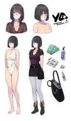 Rule 34 | 1girl, absurdres, artist name, bag, barefoot, belt, black hair, black skirt, blouse, blue eyes, bob cut, boots, breasts, character sheet, cleavage, cleavage cutout, clothing cutout, dated, feet, full body, gorgeous mushroom, handbag, highres, looking at viewer, mask, miniskirt, mouth mask, multiple views, one-piece swimsuit, original, pantyhose, see-through, shirt, short hair, simple background, skirt, swimsuit, white background, white pantyhose