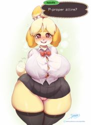 Rule 34 | 1girl, :3, afterimage, animal crossing, animal ears, arms behind back, artist name, bell, black skirt, black thighhighs, blush, bow, bowtie, bra, breasts, breath, brown eyes, bursting breasts, cleft of venus, cowboy shot, curvy, dog ears, dog girl, dog tail, english text, facing viewer, female focus, flying sweatdrops, furry, furry female, green background, hair bell, hair ornament, hair tie, heart, heart-shaped pupils, huge breasts, isabelle (animal crossing), jingle bell, legs together, looking at viewer, microskirt, motion lines, naughty face, nintendo, no panties, nose blush, open mouth, patreon logo, patreon username, pleated skirt, pussy, pussy juice, red bow, red bowtie, see-through, shiny skin, shirt, short sleeves, simple background, skindentation, skirt, smile, solo, spindles, standing, steam, straining buttons, sweat, symbol-shaped pupils, tail, tail wagging, teeth, thick thighs, thighhighs, thighs, topknot, uncensored, underwear, upper teeth only, watermark, web address, white shirt, wide hips