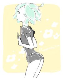Rule 34 | 1other, androgynous, artist name, ass, clipboard, cojima, colored skin, cowboy shot, eyelashes, green eyes, green hair, houseki no kuni, looking at viewer, looking back, other focus, phosphophyllite, puffy short sleeves, puffy sleeves, short shorts, short sleeves, shorts, solo, thighs, transparent, white skin, yellow background