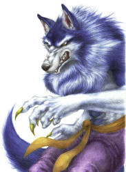 Rule 34 | 1boy, belt, body fur, claws, clenched teeth, colored pencil (medium), furry, furry male, gallon (vampire), graphite (medium), male focus, pants, purple pants, ribbon, solo, tail, teeth, toku nami, traditional media, vampire (game), werewolf, white background, yellow ribbon