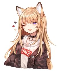 Rule 34 | 1girl, ;p, animal ears, black jacket, blonde hair, blue eyes, collar, dog ears, dog tail, fox ears, highres, hood, hoodie, jacket, kmnz lita, long hair, mc lita, no headwear, no headwear, off shoulder, one eye closed, open clothes, open jacket, paw print, paw print background, simple background, sukemyon, tail, tongue, tongue out, virtual youtuber, white background