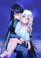 Rule 34 | 2girls, age difference, barefoot, bed, black hair, blue background, blue theme, child, eyewear strap, glasses, hand on another&#039;s shoulder, height difference, highres, hug, hug from behind, kozakura (urasekai picnic), long hair, multiple girls, niina ryou, onee-loli, pants, sitting, sitting on person, tears, urasekai picnic, uruma satsuki, very long hair, white hair, yuri