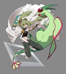 Rule 34 | 1girl, 1other, breasts, cape, claws, closed eyes, creatures (company), dbepd, double bun, dragon, dragon wings, fangs, flygon, flying, full body, game freak, gen 3 pokemon, green hair, grey background, ground miku (project voltage), hair between eyes, hair bun, hatsune miku, highres, long hair, medium breasts, nintendo, open mouth, orange eyes, orange hair, pants, pokemon, pokemon (creature), project voltage, simple background, twintails, very long hair, vocaloid, white cape, white footwear, wings