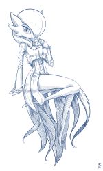 Rule 34 | 1girl, artist name, breasts, clothed pokemon, creatures (company), crop top, dress, female focus, full body, game freak, gardevoir, gen 3 pokemon, hair over one eye, hand on own chest, hand up, happy, highres, junjie-oyan, long sleeves, looking at viewer, monochrome, nintendo, pokemon, pokemon (creature), shirt, short hair, signature, simple background, sitting, sketch, small breasts, smile, solo, white background