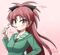 1girl absurdres blush character_name collarbone dated food food_in_mouth green_jacket hair_ribbon highres jacket koa_(1138krdr) long_hair long_sleeves looking_at_viewer mahou_shoujo_madoka_magica mahou_shoujo_madoka_magica_(anime) mouth_hold pink_background pocky pocky_day red_eyes red_hair ribbon sakura_kyoko solo sparkle very_long_hair