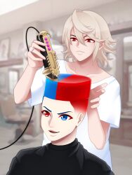 Rule 34 | 2boys, adapted weapon, alear (fire emblem), alear (male) (fire emblem), barber cape, blue eyes, blue hair, choso giving toudou a haircut (meme), commentary, corrin (fire emblem), corrin (male) (fire emblem), cutting hair, electric razor, english commentary, fade (haircut), fire emblem, flattop, hair between eyes, hair clipper, highres, indoors, jewelry, lips, meme, multicolored hair, multiple boys, nintendo, red eyes, red hair, ring, seityr, shirt, short hair, smile, split-color hair, t-shirt, white shirt, yato (fire emblem)